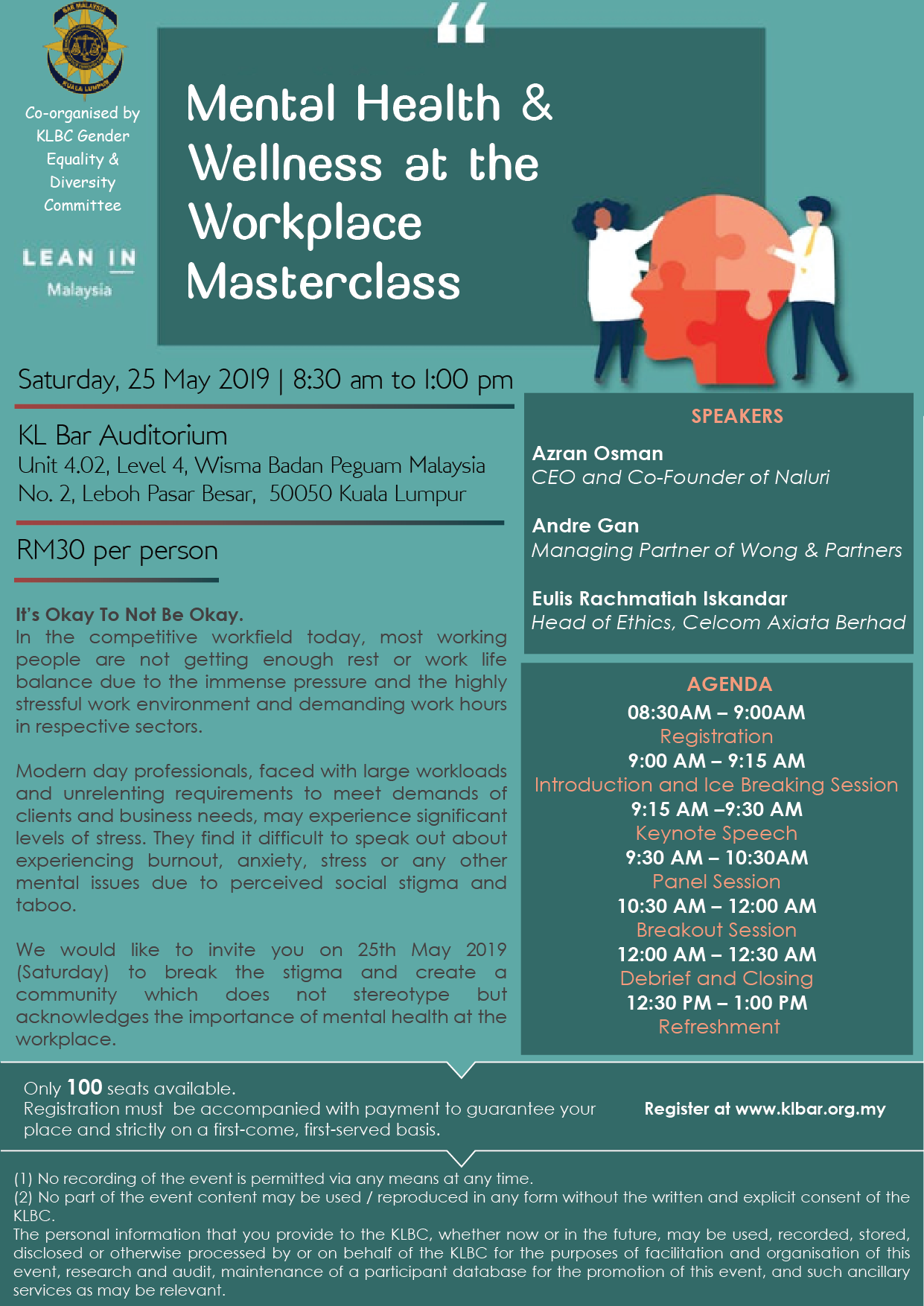 Mental Health Wellness At The Workplace Masterclass On 25 May 2019 Kl Bar