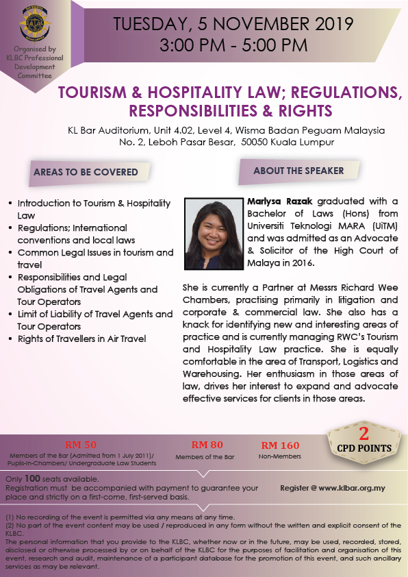 Seminar On Tourism Hospitality Laws On 5 November 2019 Kl Bar