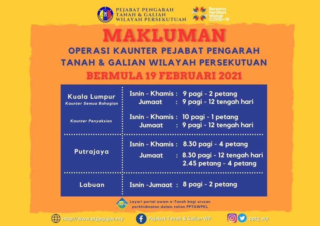 Operation Of Counters At The Federal Territories Lands And Mines Offices From 19 February 2021 Kl Bar