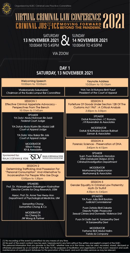 Virtual Criminal Law Conference 2021 On 13 & 14 November 2021 - KL BAR