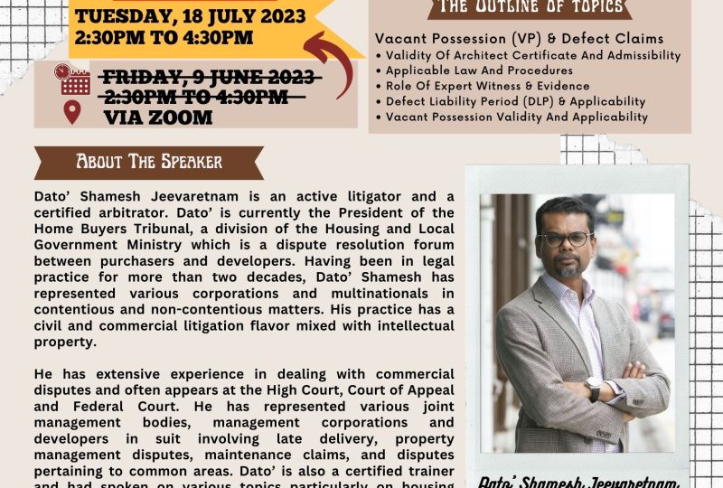 (RESCHEDULED) Housing Development – Law & Practice: Part 2: Defect Claims On 18 July 2023